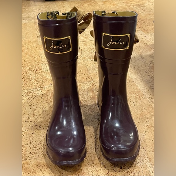 Joules Evedon Womens Short Rain Boots Gloss Burgundy  w/ Yellow Ribbon 7 US - Picture 2 of 16